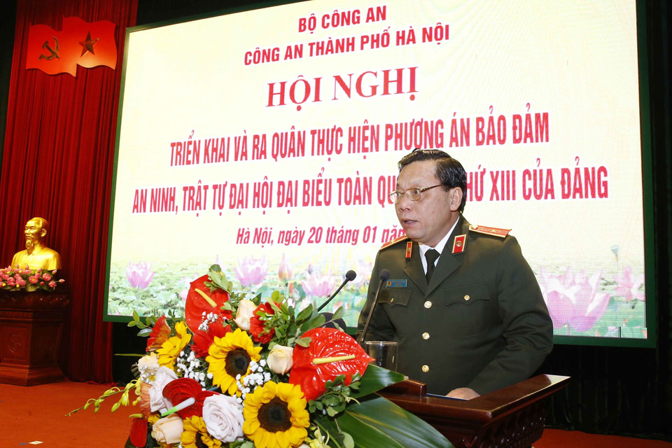 Thiếu tướng Nguyễn Hải Trung, Giám đốc Công an Thành phố Hà Nội, phát biểu. (Ảnh: Doãn Tấn/TTXVN)