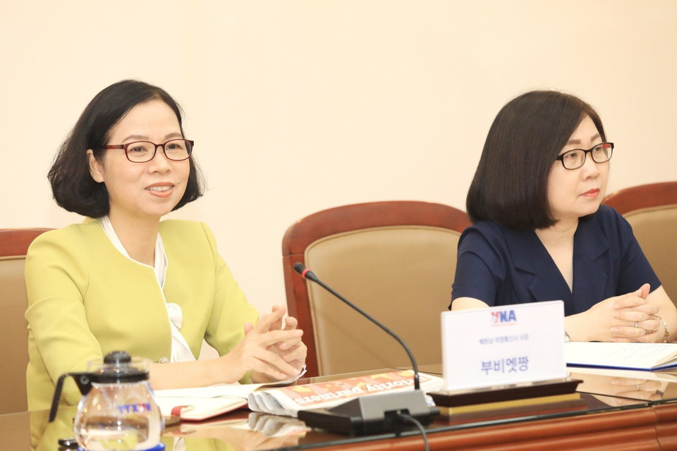 Tổng giám đốc TTXVN Vũ Việt Trang phát biểu tại buổi làm việc. (Ảnh: Tuấn Anh/TTXVN)