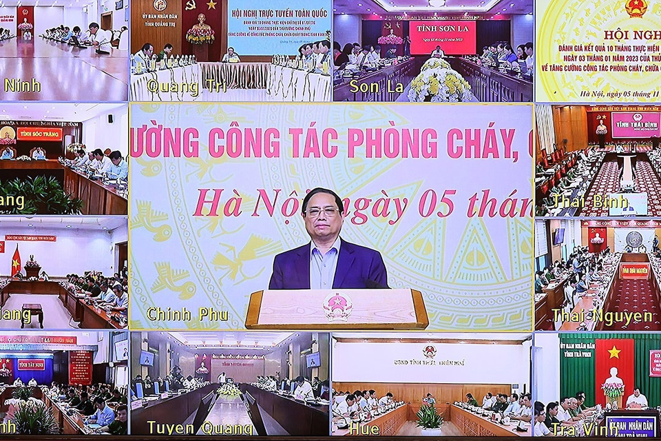 Hội nghị Trực tuyến Toàn quốc Đánh giá Kết quả Công tác Phòng cháy, Chữa cháy. (Ảnh: Dương Giang/TTXVN)