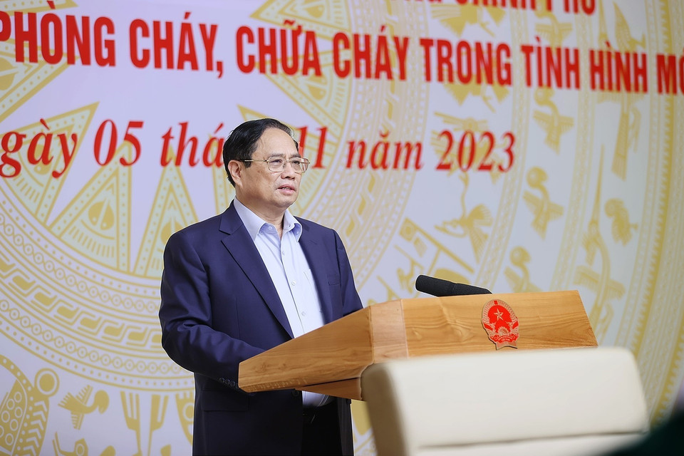Thủ tướng Phạm Minh Chính chủ trì Hội nghị Đánh giá Kết quả Công tác Phòng cháy, Chữa cháy trong tình hình mới. (Ảnh: Dương Giang/TTXVN)
