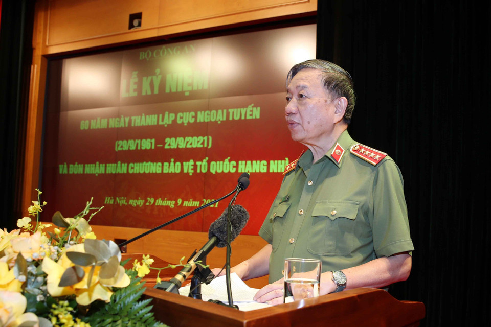 Đại tướng Tô Lâm, Ủy viên Bộ Chính trị, Bộ trưởng Bộ Công an phát biểu. (Ảnh: Phạm Kiên/TTXVN)