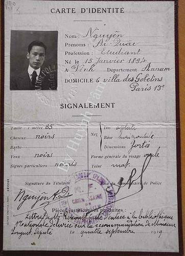 Thẻ căn cước của Nguyễn Ái Quốc ở Paris (Pháp) năm 1919. (Ảnh: Tư liệu/TTXVN phát)