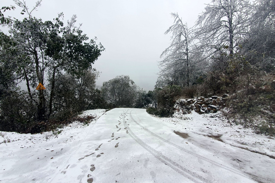 Các con đường thuộc thôn Nhìu Cô San, xã Y Tý, huyện Bát Xát, mưa tuyết phủ dày đặc. (Ảnh: Quốc Khánh/TTXVN)