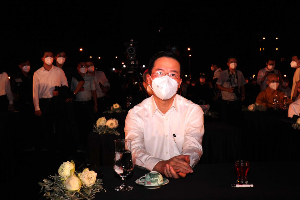 Ủy viên Bộ Chính trị, Thường trực Ban Bí thư Võ Văn Thưởng dự buổi lễ tại điểm cầu Hội trường Thống Nhất, Thành phố Hồ Chí Minh. (Ảnh: Xuân Khu/TTXVN)