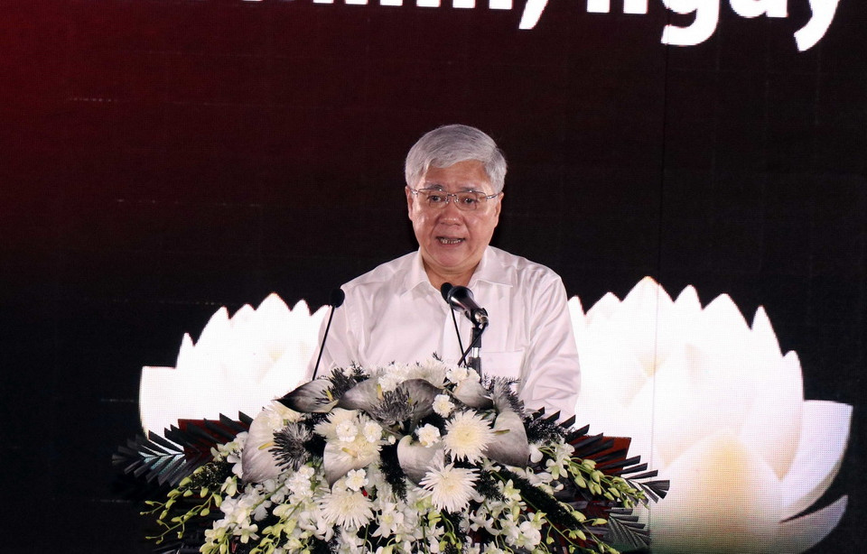 Tại Hội trường Thống Nhất (Thành phố Hồ Chí Minh), Bí thư Trung ương Đảng, Chủ tịch Ủy ban Trung ương MTTQ Việt Nam Đỗ Văn Chiến phát biểu tại buổi lễ. (Ảnh: Xuân Khu-TTXVN)