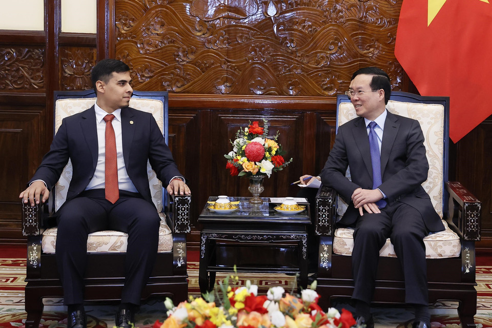 Chủ tịch nước Võ Văn Thưởng tiếp Đại sứ Venezuela Juan Carlos Fernandes Juarez. (Ảnh: Thống Nhất/TTXVN)