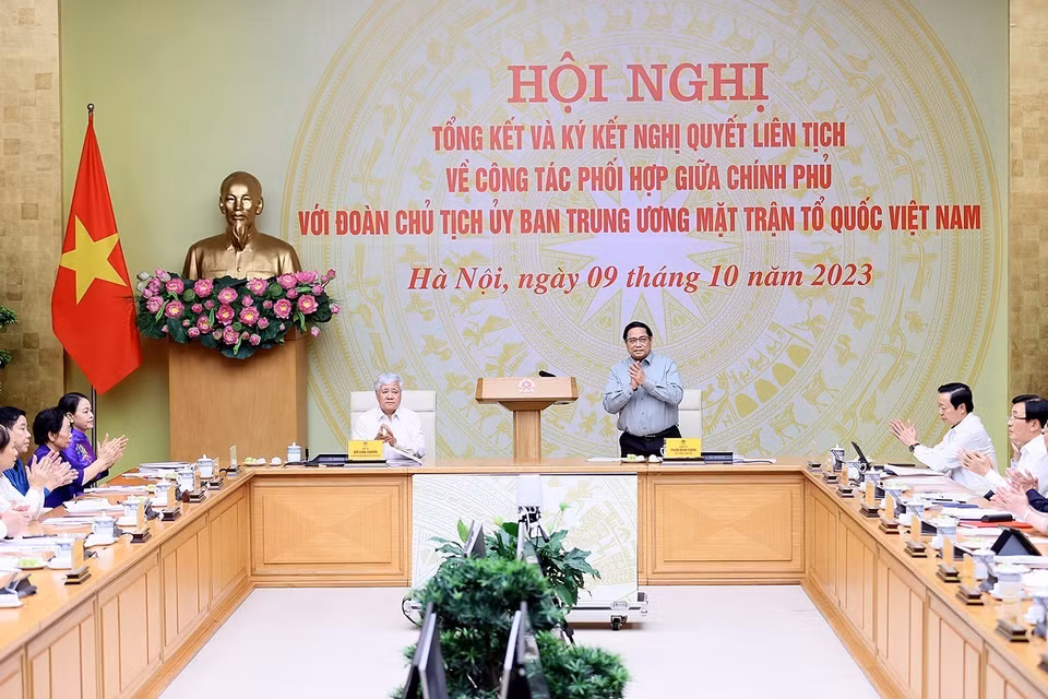 Quang cảnh Hội nghị Tổng kết và Ký kết Nghị quyết Liên tịch về công tác phối hợp giữa Chính phủ và Đoàn Chủ tịch Ủy ban Trung ương Mặt trận Tổ quốc Việt Nam. (Ảnh: Dương Giang/TTXVN)