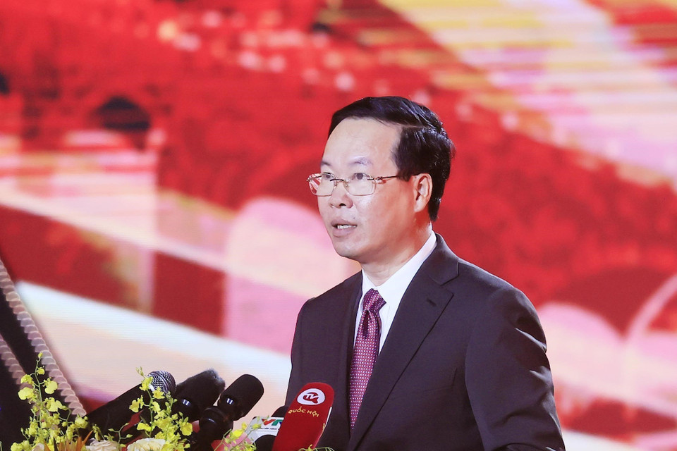 Chủ tịch nước Võ Văn Thưởng phát biểu tại Lễ Kỷ niệm. (Ảnh: Thống Nhất/TTXVN)