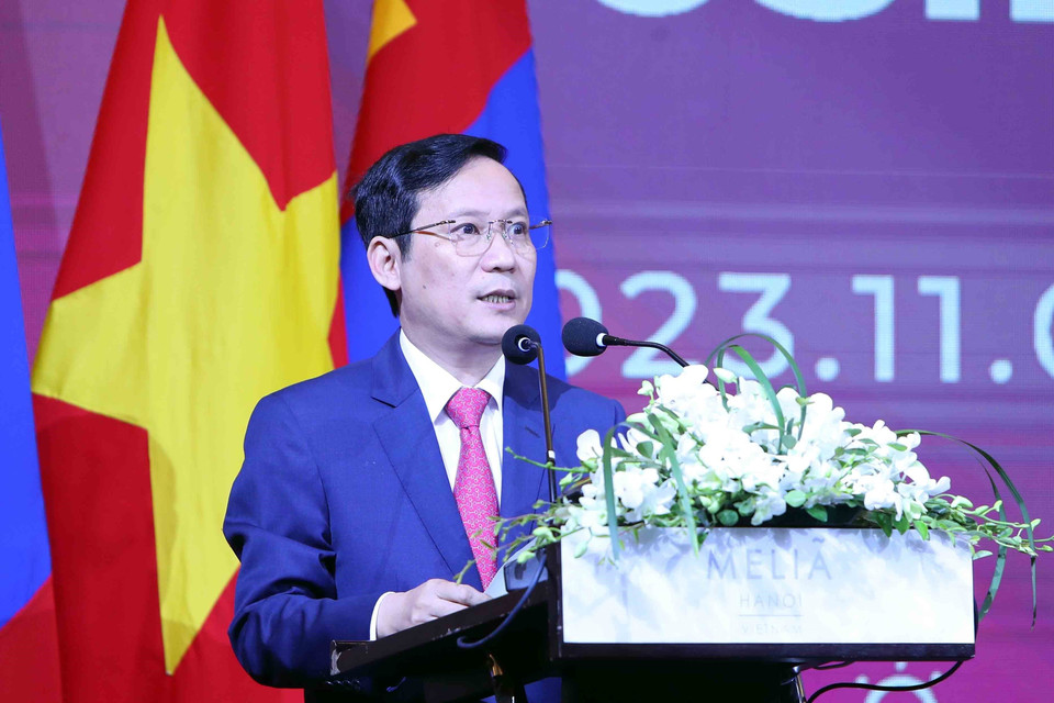 Chủ tịch Liên đoàn Thương mại và Công nghiệp Việt Nam Phạm Tấn Công phát biểu tại Diễn đàn. (Ảnh: An Đăng/TTXVN)