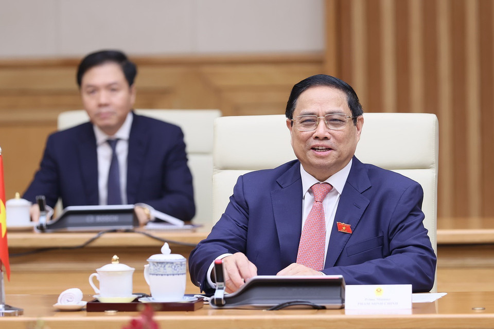 Thủ tướng Phạm Minh Chính phát biểu tại cuộc hội đàm. (Ảnh: Dương Giang/TTXVN)