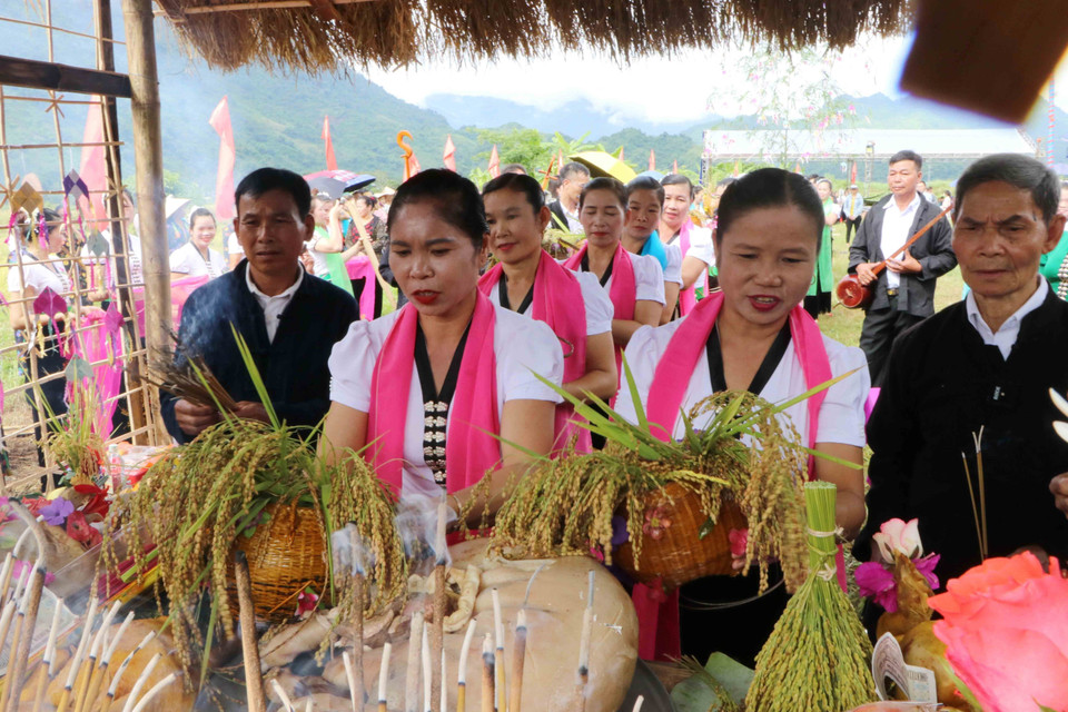 Dâng lúa vừa hái để làm lễ cúng. (Ảnh: Nguyễn Oanh/TTXVN)