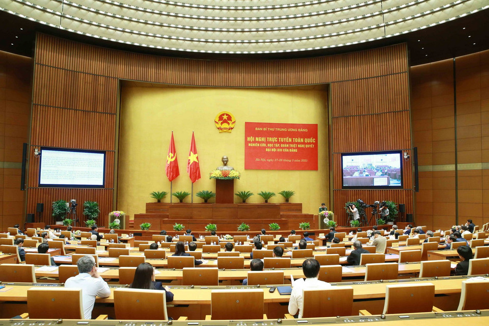 Quang cảnh hội nghị tại điểm cầu chính - Phòng họp Diên Hồng, Nhà Quốc hội (Hà Nội). (Ảnh: Phương Hoa/TTXVN)