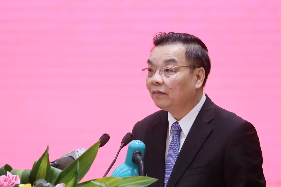  Ủy viên Trung ương Đảng, Phó Bí thư Thành ủy, Chủ tịch Ủy ban Nhân dân thành phố Hà Nội Chu Ngọc Anh phát biểu. (Ảnh: Thống Nhất/TTXVN)
