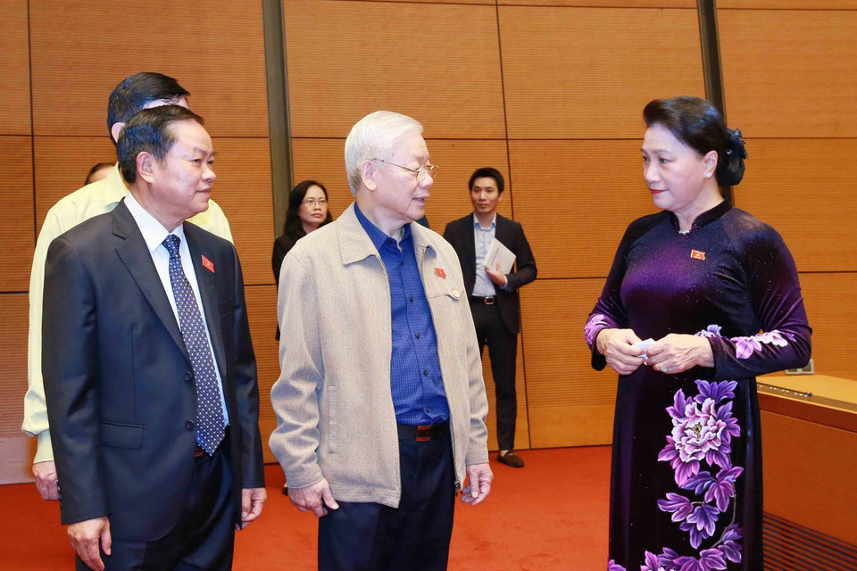 Tổng Bí thư, Chủ tịch nước Nguyễn Phú Trọng, Chủ tịch Quốc hội Nguyễn Thị Kim Ngân tại kỳ họp. (Ảnh: Phương Hoa/TTXVN)