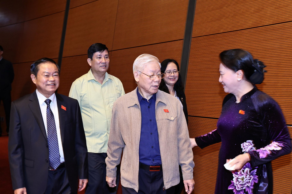 Tổng Bí thư, Chủ tịch nước Nguyễn Phú Trọng, Chủ tịch Quốc hội Nguyễn Thị Kim Ngân tại kỳ họp. (Ảnh: Phương Hoa/TTXVN)