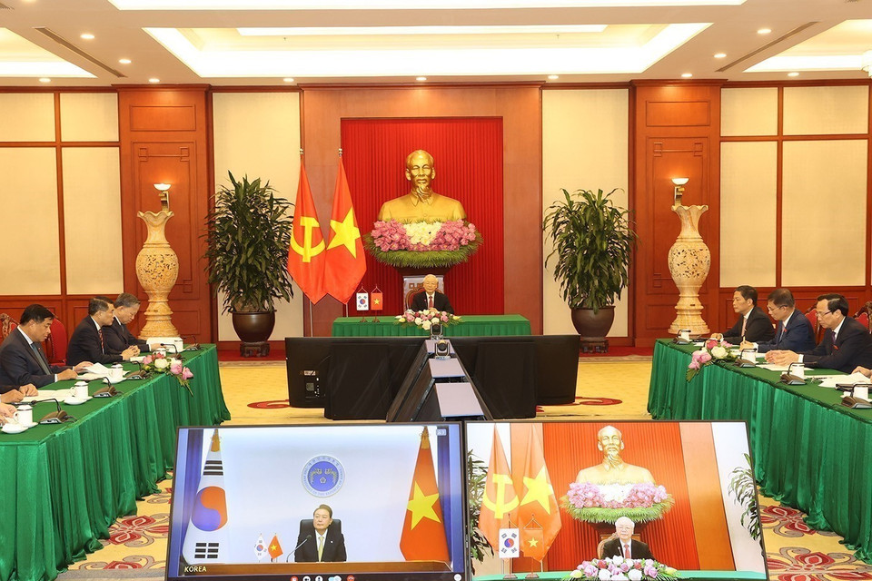 Cuộc hội đàm trực tuyến giữa Tổng Bí thư Nguyễn Phú Trọng và Tổng thống Hàn Quốc Yoon Suk-yeol diễn ra sáng 8/6/2022. (Ảnh: Trí Dũng/TTXVN)