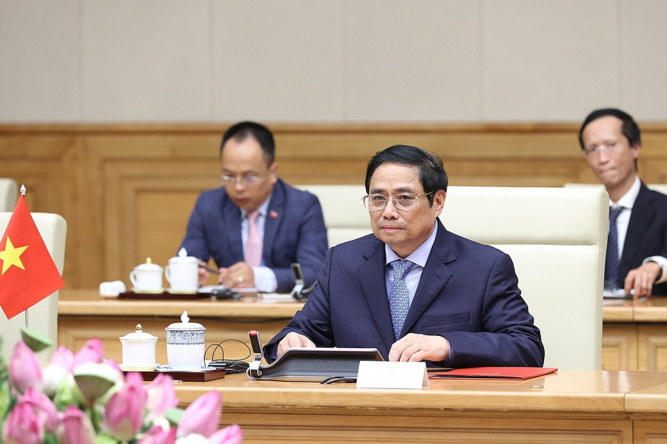 Thủ tướng Phạm Minh Chính phát biểu tại buổi tiếp Thường trực Ban Bí thư, Phó Chủ tịch nước Lào Bounthong Chitmany. (Ảnh: Dương Giang/TTXVN)