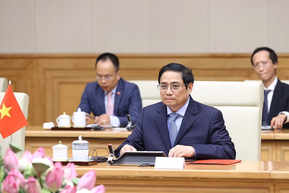 Thủ tướng Phạm Minh Chính phát biểu tại buổi tiếp Thường trực Ban Bí thư, Phó Chủ tịch nước Lào Bounthong Chitmany. (Ảnh: Dương Giang/TTXVN)