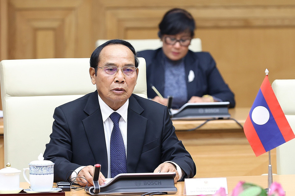 Thường trực Ban Bí thư, Phó Chủ tịch nước Lào Bounthong Chitmany phát biểu tại buổi tiếp. (Ảnh: Dương Giang/TTXVN)