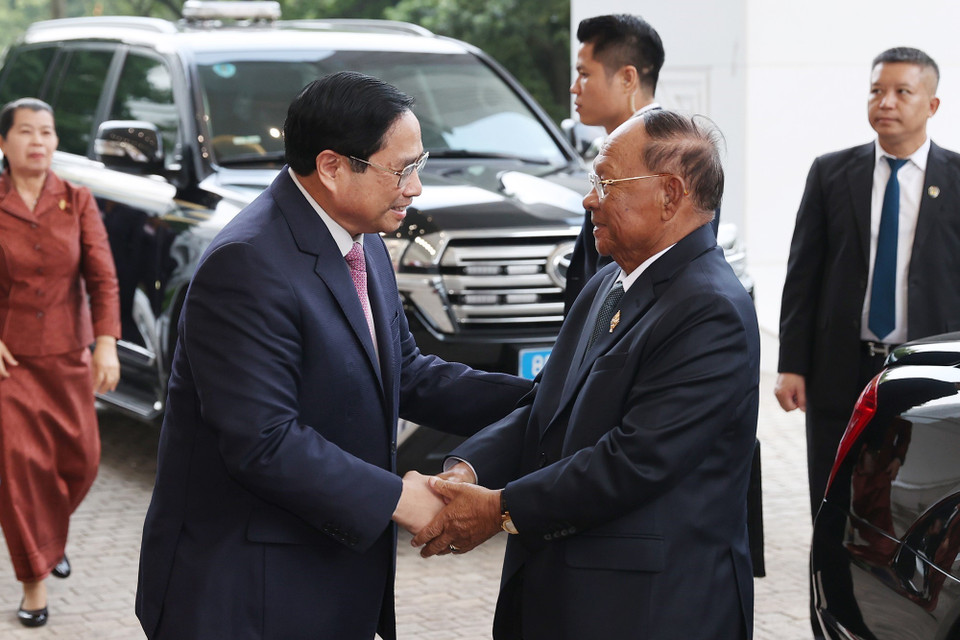 Chiều 13/9/2022, tại Hà Nội, Thủ tướng Phạm Minh Chính tiếp Chủ tịch Quốc hội Vương quốc Campuchia Samdech Heng Samrin đang thăm chính thức Việt Nam. (Ảnh: Dương Giang/TTXVN)