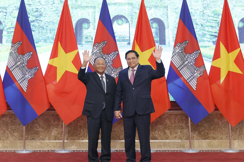 Thủ tướng Phạm Minh Chính tiếp Chủ tịch Quốc hội Vương quốc Campuchia Samdech Heng Samrin tại Hà Nội, chiều 13/9/2022. (Ảnh: Dương Giang/TTXVN)