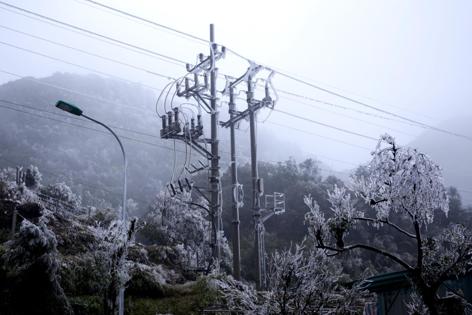 Trạm biến áp tại khu vực đèo Ô Quý Hồ đều được bao phủ một màu trắng. (Ảnh: Quý Trung/TTXVN)