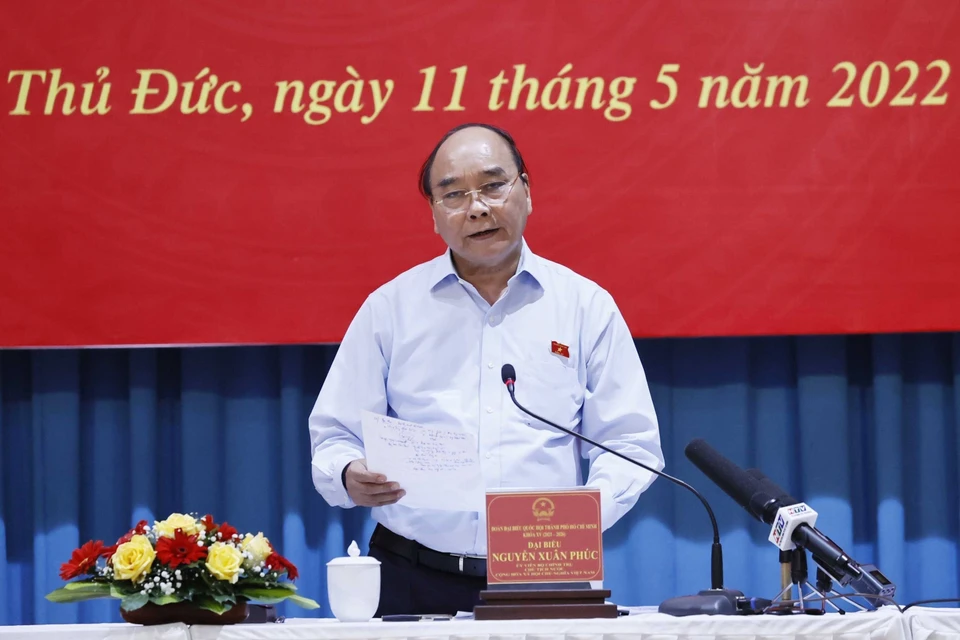 Chủ tịch nước Nguyễn Xuân Phúc phát biểu tại buổi tiếp xúc cử tri. (Ảnh: Thống Nhất/TTXVN)