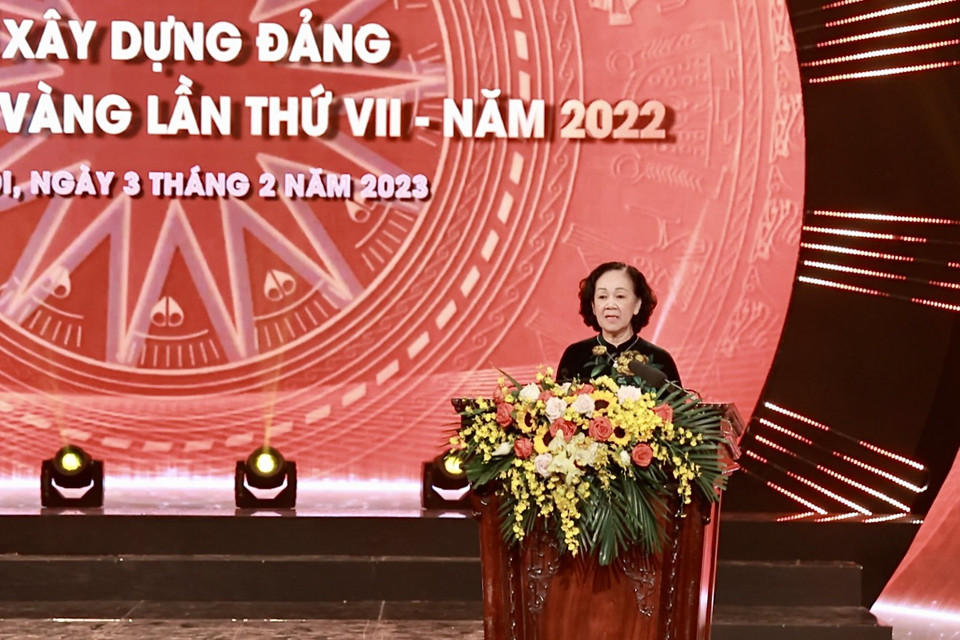 Bà Trương Thị Mai, Ủy viên Bộ Chính trị, Bí thư Trung ương Đảng, Trưởng Ban Tổ chức Trung ương phát động Giải Báo chí Toàn quốc về Xây dựng Đảng (Giải Búa liềm Vàng) lần thứ VIII-năm 2023. (Ảnh: Hiếu Hoàng/Vietnam+)
