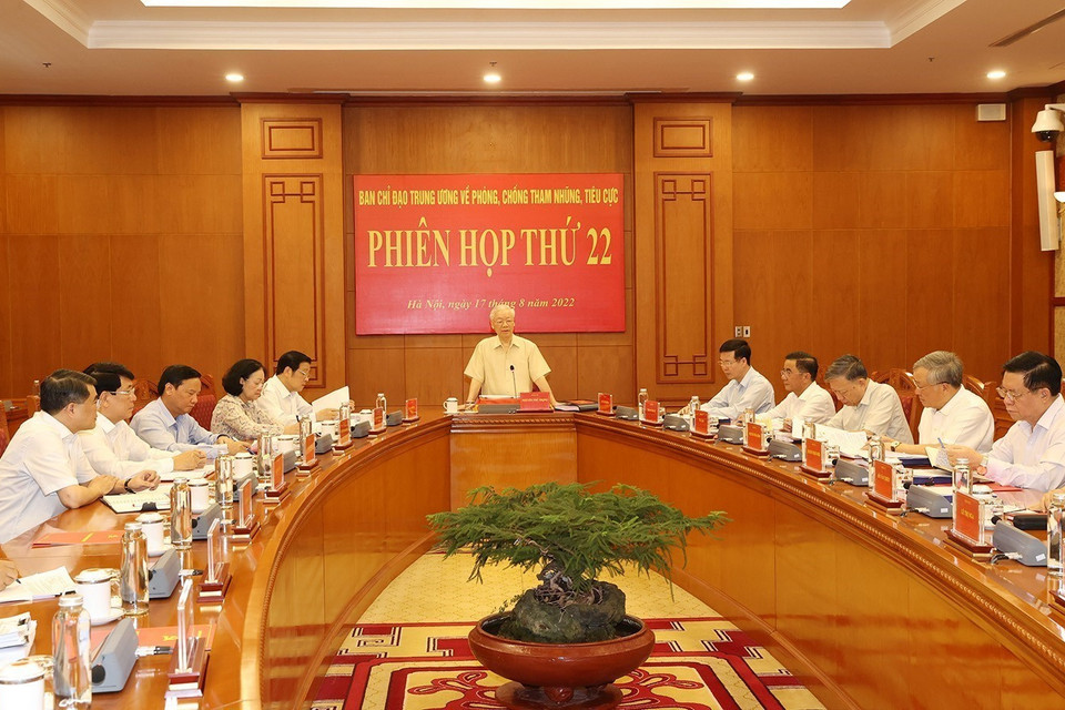 Phiên họp thứ 22 của Ban Chỉ đạo Trung ương về phòng, chống tham nhũng, tiêu cực kiểm điểm, đánh giá kết quả hoạt động 6 tháng đầu năm, xác định nhiệm vụ 6 tháng cuối năm 2022. (Ảnh: Trí Dũng/TTXVN)