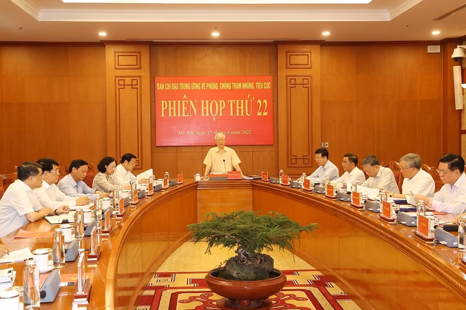 Phiên họp thứ 22 của Ban Chỉ đạo Trung ương về phòng, chống tham nhũng, tiêu cực kiểm điểm, đánh giá kết quả hoạt động 6 tháng đầu năm, xác định nhiệm vụ 6 tháng cuối năm 2022. (Ảnh: Trí Dũng/TTXVN)