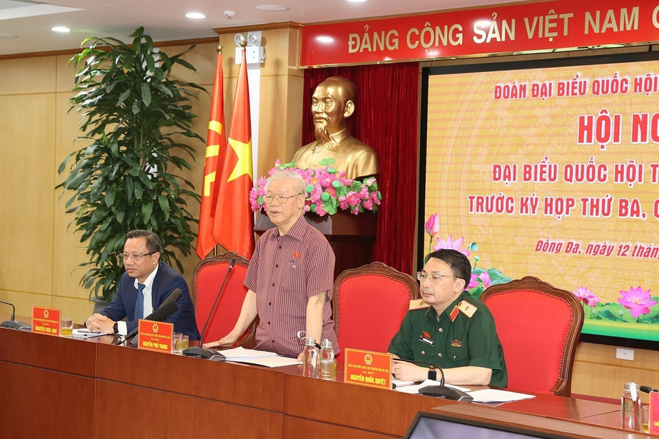 Hình ảnh Tổng Bí thư Nguyễn Phú Trọng tại Hội nghị tiếp xúc cử tri quận Đống Đa, Ba Đình, Hai Bà Trưng. (Ảnh: Trí Dũng/TTXVN)