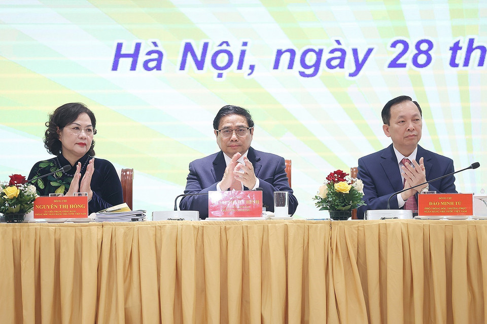 Thủ tướng Phạm Minh Chính tại hội nghị triển khai nhiệm vụ ngành ngân hàng năm 2023. (Ảnh: Dương Giang/TTXVN)