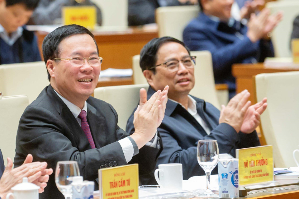 Thủ tướng Phạm Minh Chính, Thường trực Ban Bí thư Võ Văn Thưởng dự hội nghị. (Ảnh: Phương Hoa/TTXVN)