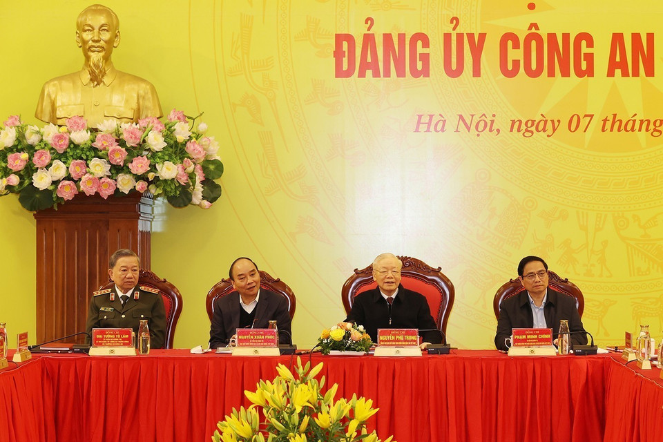 Tổng Bí thư Nguyễn Phú Trọng, Chủ tịch nước Nguyễn Xuân Phúc, Thủ tướng Phạm Minh Chính tại hội nghị. (Ảnh: Trí Dũng/TTXVN)