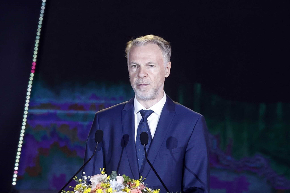 Trưởng đại diện UNESCO tại Việt Nam Christian Manhart phát biểu tại buổi lễ. (Ảnh: Thống Nhất/TTXVN)