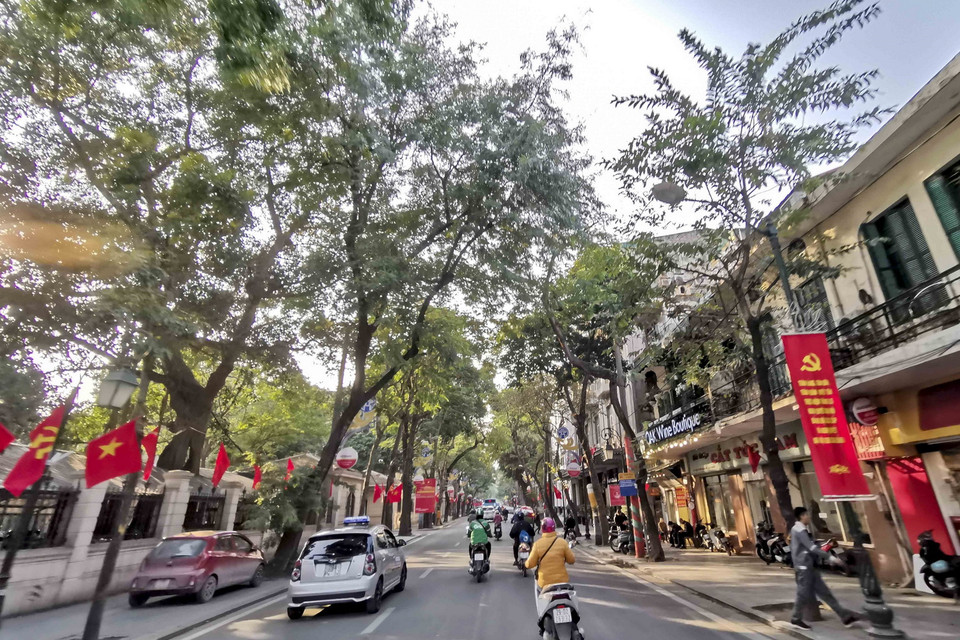 Cờ, băngrôn chào mừng Đại hội XIII của Đảng treo dọc hai bên phố Tràng Thi. (Ảnh: Tuấn Đức/TTXVN)