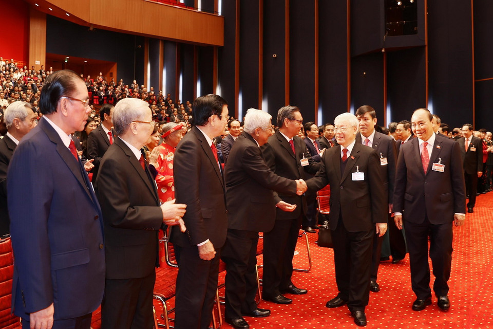 Tổng Bí thư, Chủ tịch nước Nguyễn Phú Trọng và Ủy viên Bộ Chính trị, Thủ tướng Chính phủ Nguyễn Xuân Phúc dự phiên khai mạc Đại hội. (Ảnh: TTXVN)