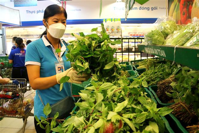 Tình nguyện viên tăng cường đi chợ giúp người dân mua hàng hóa, thực phẩm trong những ngày thực hiện giãn cách xã hội, tại Thành phố Hồ Chí Minh. (Ảnh: Thanh Vũ/TTXVN)