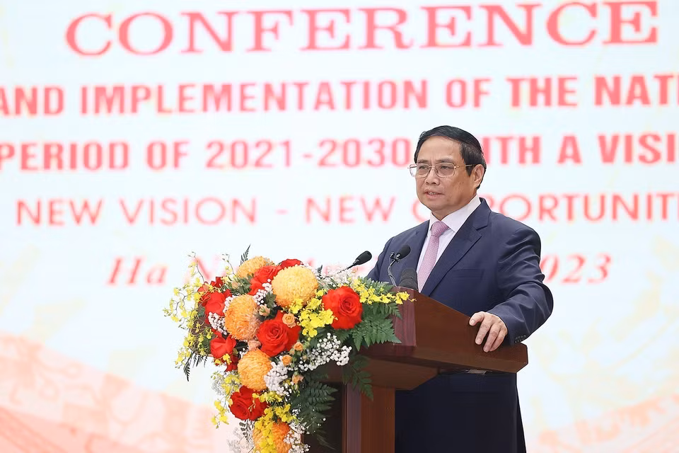 Thủ tướng Phạm Minh Chính phát biểu tại Hội nghị công bố và triển khai Quy hoạch tổng thể quốc gia thời kỳ 2021-2030, tầm nhìn đến năm 2050. (Ảnh: Dương Giang/TTXVN) 