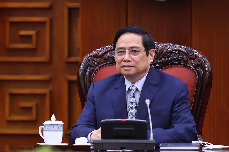 Thủ tướng Phạm Minh Chính phát biểu tại buổi tiếp Bộ trưởng Quốc phòng Nhật Bản Kishi Nobuo. (Ảnh: Dương Giang/TTXVN)