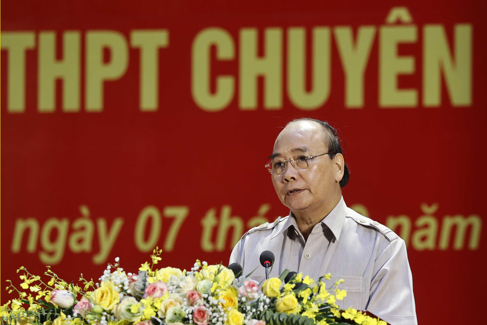 Chủ tịch nước Nguyễn Xuân Phúc phát biểu tại buổi làm việc với Trường THPT chuyên Vĩnh Phúc. (Ảnh: Thống Nhất/TTXVN)