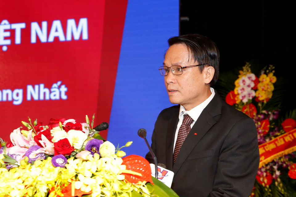 Tổng giám đốc TTXVN Nguyễn Đức Lợi đọc diễn văn tại lễ kỷ niệm. (Ảnh: Đức Tám/TTXVN)