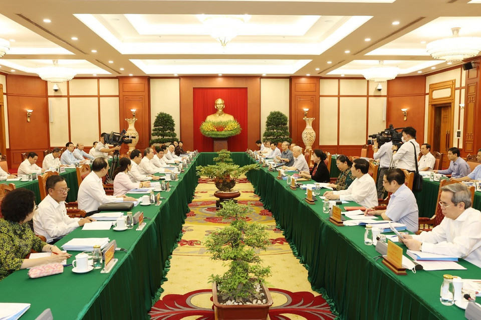 Toàn cảnh buổi làm việc của tập thể Bộ Chính trị với Ban Thường vụ Thành ủy Thành phố Hồ Chí Minh. (Ảnh: Trí Dũng/TTXVN)