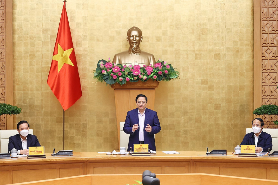 Thủ tướng Phạm Minh Chính chủ trì họp Ban Chỉ đạo Quốc gia phòng, chống dịch COVID-19 với các tỉnh, thành phố. (Ảnh: Dương Giang/TTXVN)