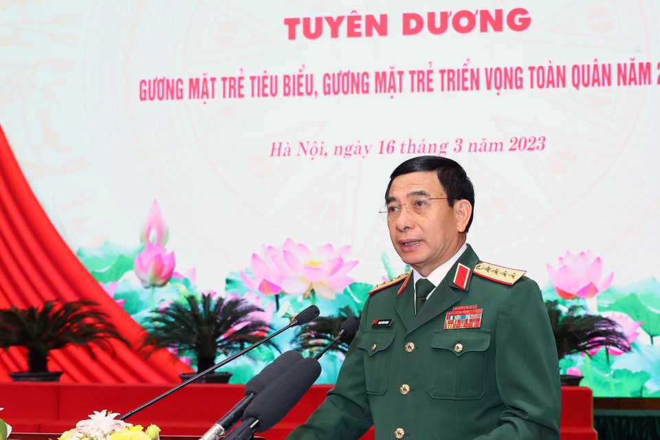 Đại tướng Phan Văn Giang, Bộ trưởng Bộ Quốc phòng phát biểu. (Ảnh: Trọng Đức/TTXVN)