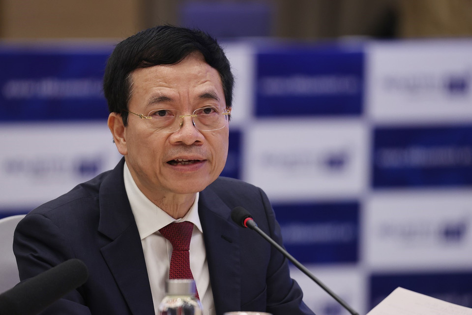 Bộ trưởng Bộ Thông tin và Truyền thông Nguyễn Mạnh Hùng phát biểu. (Ảnh: Dương Giang/TTXVN)