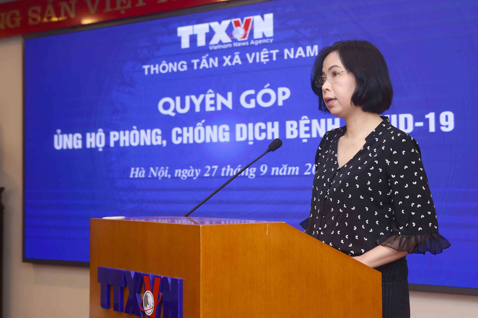 Tổng Giám đốc TTXVN Vũ Việt Trang phát biểu tại lễ quyên góp. (Ảnh: Tuấn Đức/TTXVN)