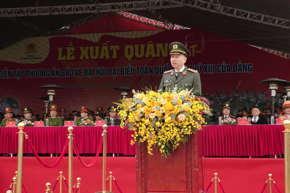 Đại tướng Tô Lâm, Ủy viên Bộ Chính trị, Bí thư Đảng ủy Công an Trung ương, Bộ trưởng Bộ Công an phát biểu. (Ảnh: Doãn Tấn/TTXVN)