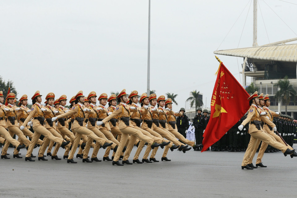 Lực lượng Cảnh sát giao thông tại lễ xuất quân. (Ảnh: Doãn Tấn/TTXVN)