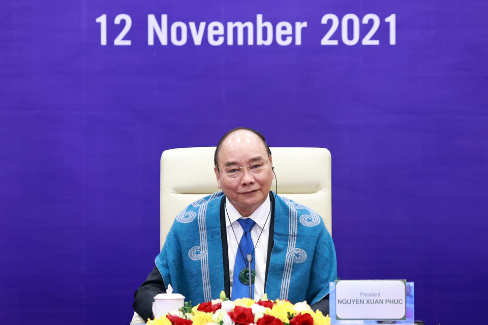 Chủ tịch nước Nguyễn Xuân Phúc dự Hội nghị các nhà Lãnh đạo kinh tế APEC lần thứ 28 theo hình thức trực tuyến. (Ảnh: Thống Nhất/TTXVN)
